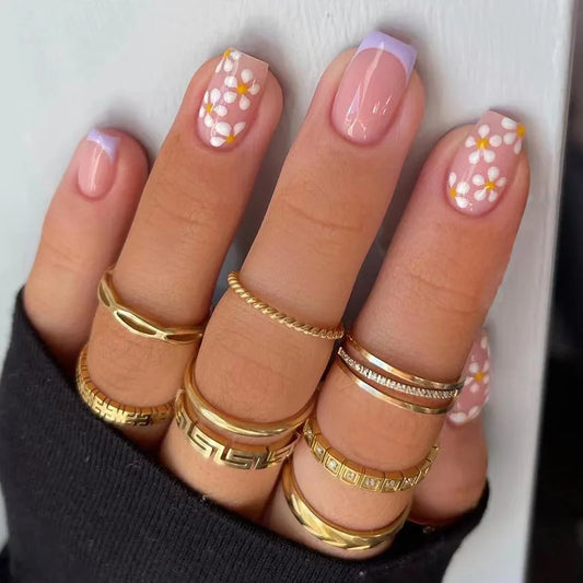 24pcs Simple Fake Nails Sets Press on Detachable French Purple Square Nails Tips with Flower Design Short Ballet False Nail Art
