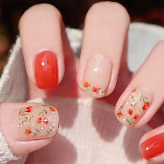 24pcs Wearable Press on Nails Mid-length Ballet Nails Tips Flower Colorful Design False Nail Set Finished Fake Nail Art Manicure