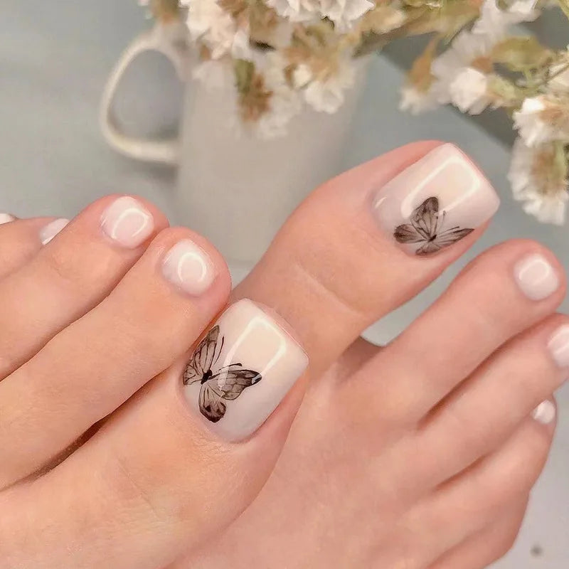 Flow Chocolate Design Artificial Toenails Glossy Fashion Toe Fake Nails with Glue Wearable Short Flat Shape Fake Toenails
