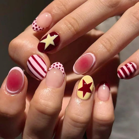 24pcs Smudging Blush False Nails Striped Five-pointed Star Y2k Fake Nails Wave Point French Style Short Almond Press On Nail