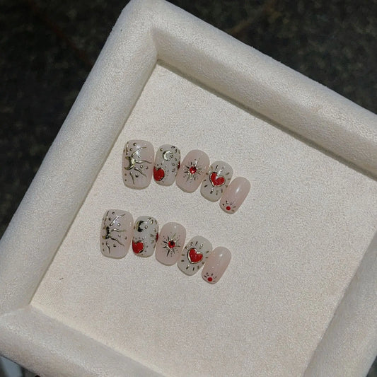 10Pcs Red Handmade Press on Nails French Cat Eye Shiny Gradient False Nails Short Ballet Simple Nail Wearable Manicure Nail Tips