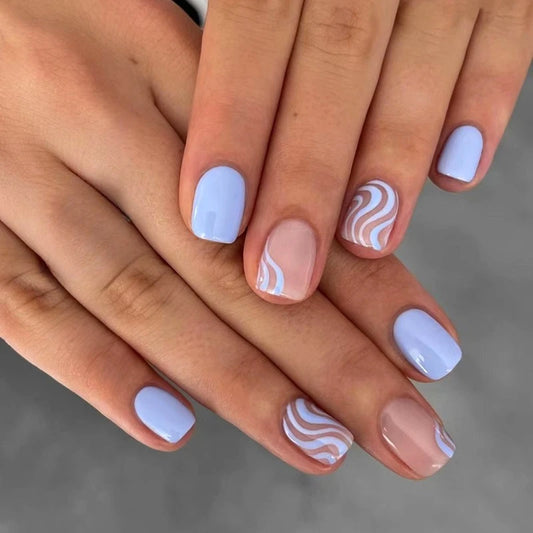 24Pcs Blue Round Head Solid Press on Nails Fresh Wave Nail Art Summer Finished Short Fake Nails Detachable Nail Stickers Tools