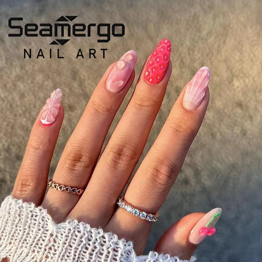 24PCS Almond Fake Nails 3D Shell Floral Design Press on Nails for French Aqua Green Sweet Cherry False Nails Summer Fresh Gentle
