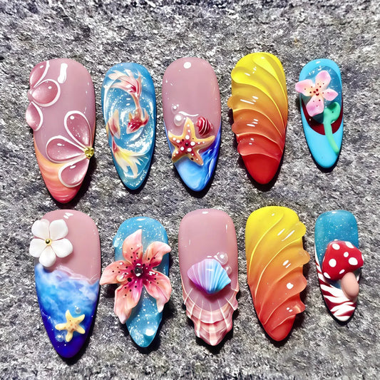 24pcs Ocean Shell False Nails Art Summer Blue French Long Almond Press on Nails Tips Colorful Hot Chick Flower Design Fake Nail
