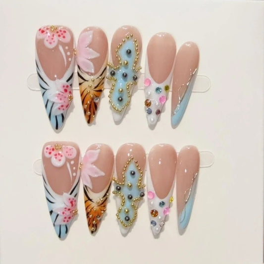 10Pcs Long Stiletto Colorful Flowers Rhinestone Summer Fresh Fake Nails for Spice Girl Sweet Cool  Summer Wearable Acrylic Nails