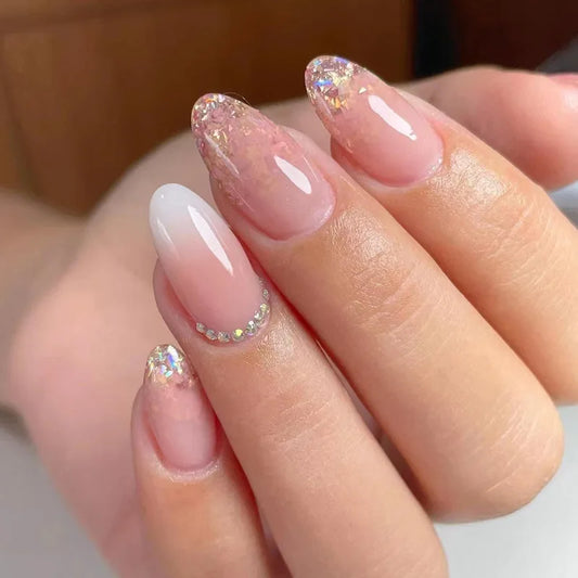 24Pcs Short Round Head Nails Set Press on White French Shiny Powder Design Fake Nail Oval Detachable Full Cover False Nails Tips