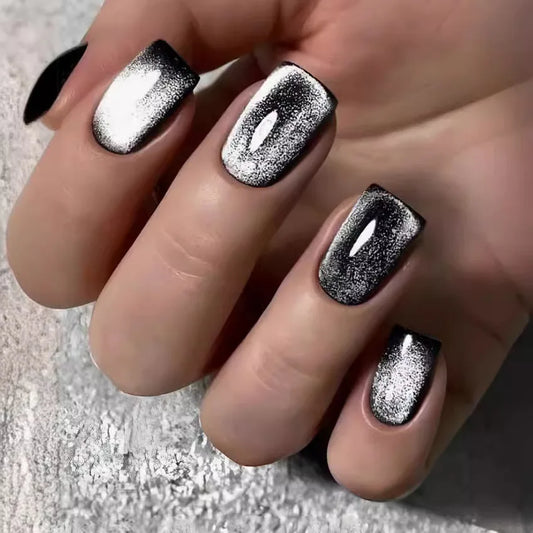 24pcs Cat's Eye Square False Nail Simple Black Glitter Nails Finished Wearable Short Ballet Fake Nail Sets Press on Nails Art