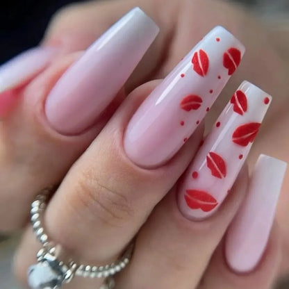 Charm Sexy Red Lips Love Heart Romantic Valentine's Day Ballet Fake Nails Art Almond False Nail Tip Press on Nails Manicure Tool