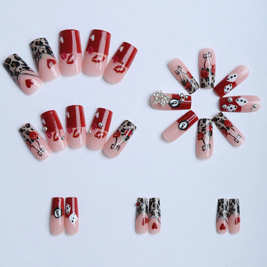 24PCS False Nails Leopard Printed Rhinestone French Artificial Nail Tips For Women Daily Wear Wearable False Nails Woman
