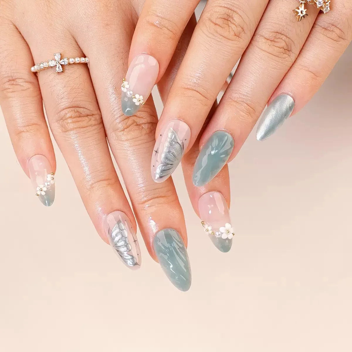 24Pcs Light Blue Smudge Fake Nails Press on Almond Gold Leaf Removable Long Full Cover Nail Tips Wearable Finished Nail Art