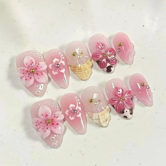 24Pcs Short Almond Detachable False Nails Cow Print French Pearl Full Cover Fake Nails 3D Flower Rhinestone Press on Nails Tips