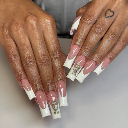 24Pcs Long Square Head French Fake Nail Tips 3D Love Heart Design Press on Nails with Rhinestone Pattern Wearable False Nail Art