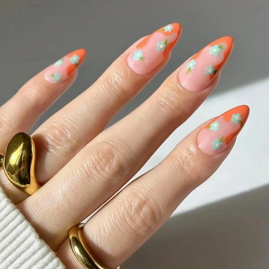 24Pcs/set French Oval Simple Manicure with Orange Irregular Edges Designs Acrylic False Nails New Flowers Vitality Nail Tips Art