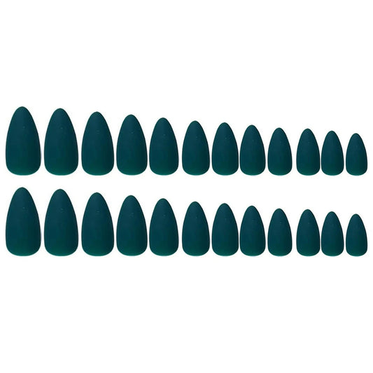 24PCS Almond Matte Dark Green Press Style Fake Nail, Medium Length Nail, Press Style Fake Nail, Reusable High-Heeled Nail