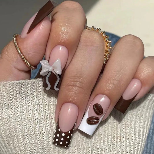 24Pcs Mid-length Square Full Cover Nails Tips Brown Polka Dot French Reusable Fake Nails 3D Bow Coffee Bean Press on False Nails