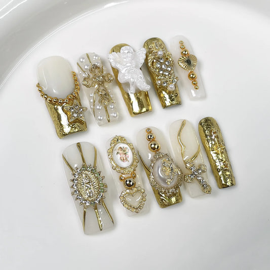 10pcs Long Square Handmade Press on Nails Retro Fake Nails with 3D Golden Decoration False Nail 네일팁 Накладные Ногти Uñas ネイルチップ