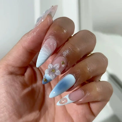 24pcs Long Almond Press on Nails Gold Bow Fake Nails Cherry Pattern False Nail Artificial Tips Накладные Ногти Uñas Postizas 네일팁