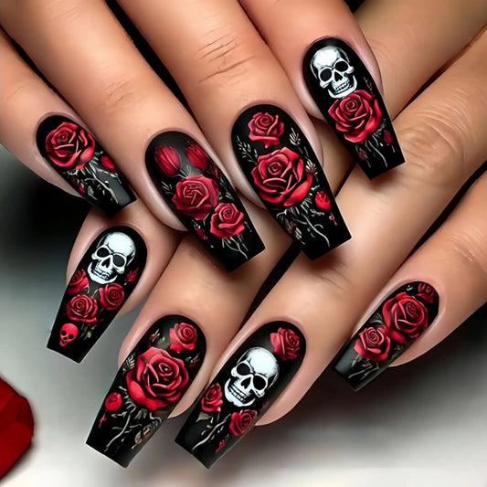 24PCS Dark Red Long Ballet False Nails with Glue Horror Skull Flower Pattern French Press on Nails Full Cover Halloween Nail Art