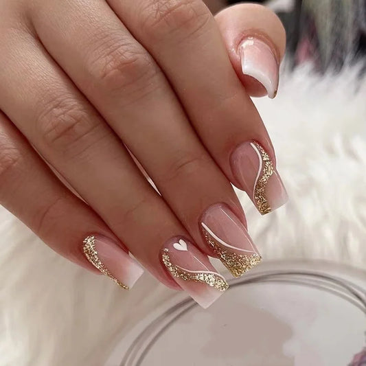 24pcs Mid-length Ballet Fake Nails Sets Gradient Glitter Stick on Nail Love Lines Design False Nail Tips Square Press on Nails