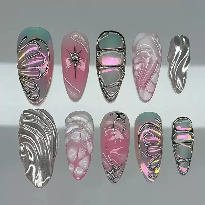 24Pcs Light Blue Smudge Fake Nails Press on Almond Gold Leaf Removable Long Full Cover Nail Tips Wearable Finished Nail Art