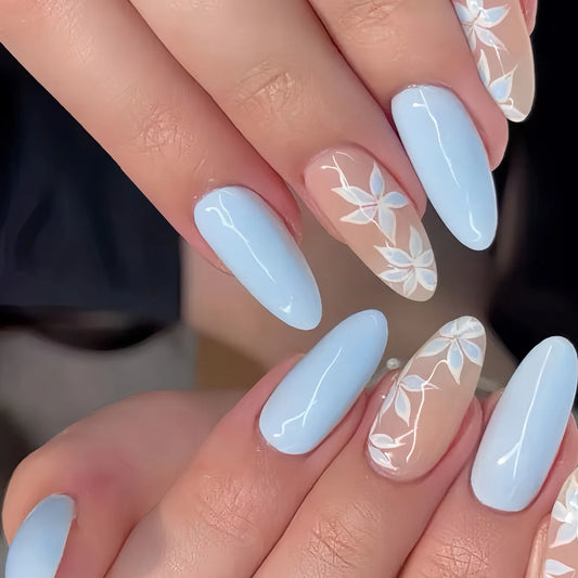 24Pcs Mid-length Almond Press on Nails Tips with Blue White Maple Leave Fake Nails Detachable Artificial Full Cover False Nails