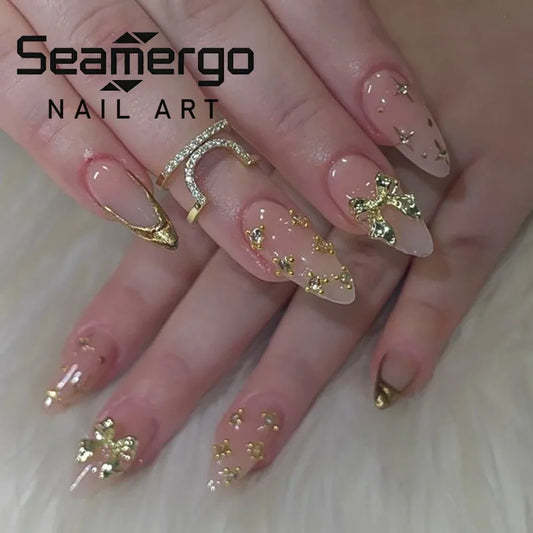 24PCS Nude Pink Fake Nails with 3D Gold Bow Rhinestone Bead Details Luxury Elegant Nail Art for Women Girl Press on Nails Design