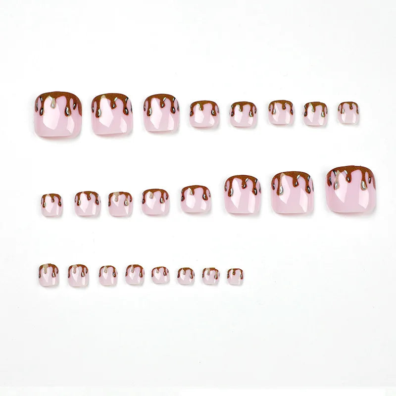 Flow Chocolate Design Artificial Toenails Glossy Fashion Toe Fake Nails with Glue Wearable Short Flat Shape Fake Toenails