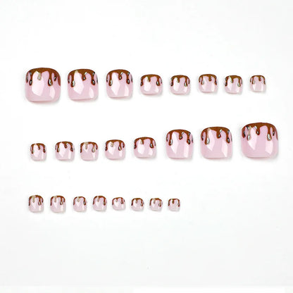 Flow Chocolate Design Artificial Toenails Glossy Fashion Toe Fake Nails with Glue Wearable Short Flat Shape Fake Toenails