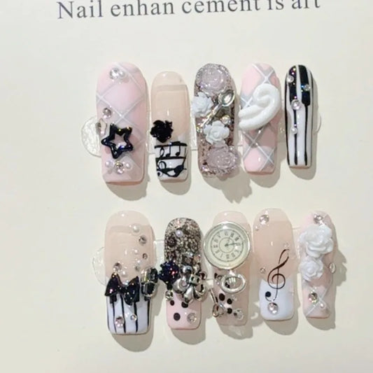 Musical Notes Retro Vintage Gyaru French Handmade Press On Nails 3D Rose Bow Pearl Pink Fake Nails Y2K Cute Long Coffin Nail Art