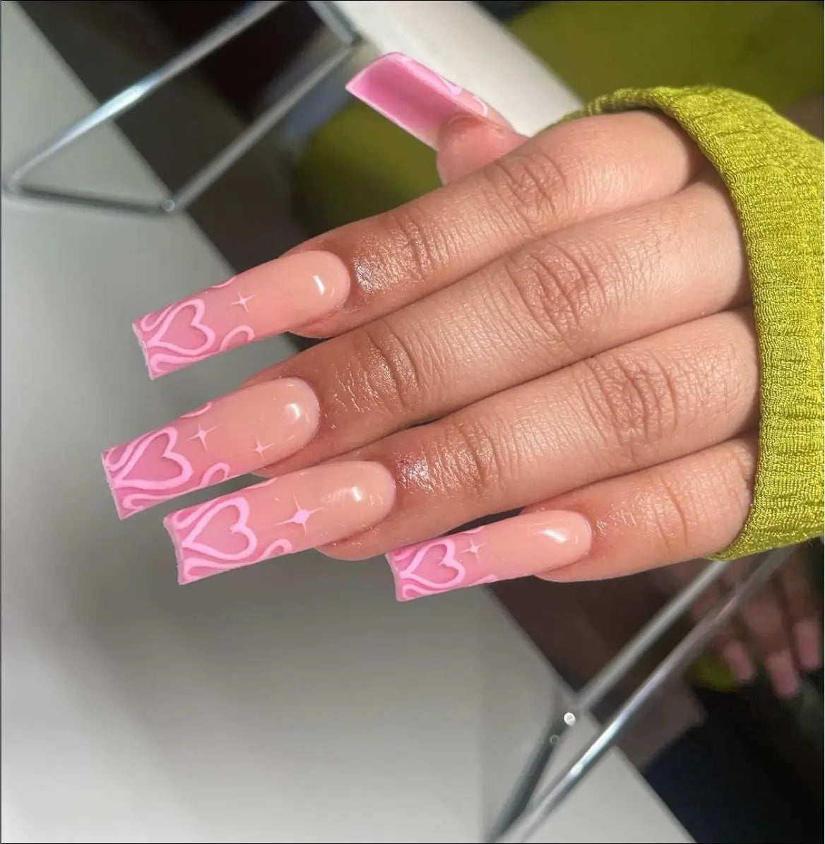 24Pcs Long Square Head French Fake Nail Tips 3D Love Heart Design Press on Nails with Rhinestone Pattern Wearable False Nail Art