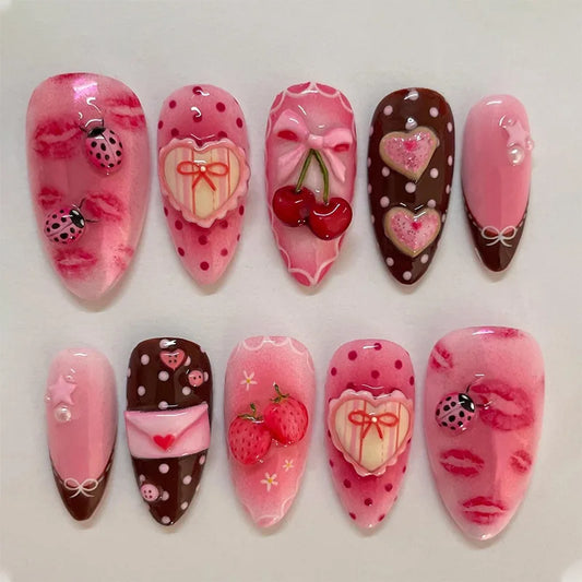 24Pcs 3D Floral Colorfor Sweet Press on Nails Full Cover Ocean Wave Pattern Nail Tips Wearable Short Almond Nail Patch for Women