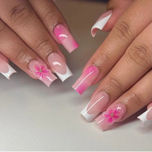 24pcs Wearable False Nail Sets Wave Flower Design Mid-length Square Fake Nails Tips Gradient Pink French Press on Nails Finished
