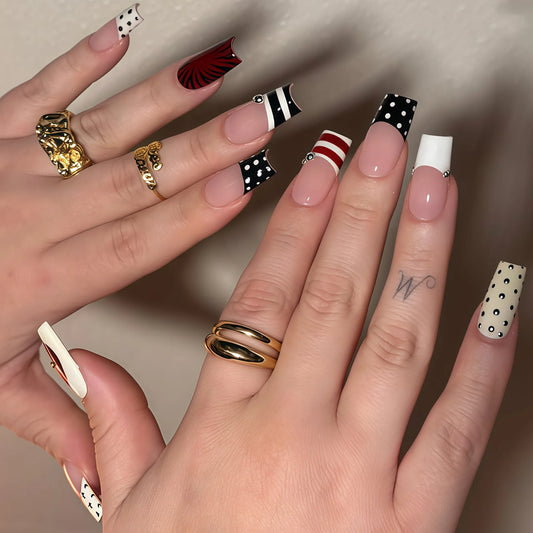 24pcs Long Ballet Press On Nails INS Fashion Colored polka dot stripe Fake Nail Tips European Sweet Cool False nail Patches