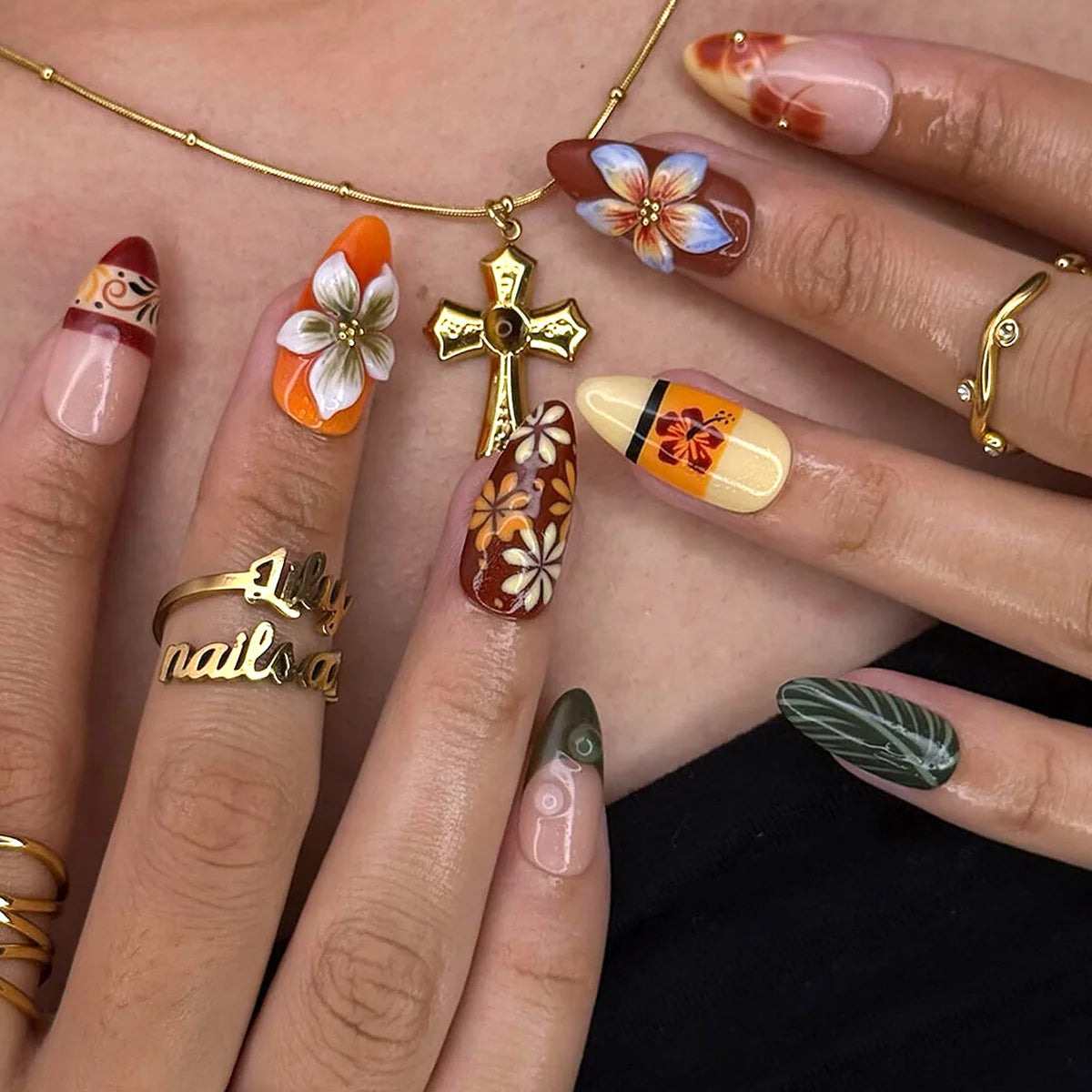 24PCS Almond Beach Theme Press on Nails Lobster Puffer Fish Starfish Design False Nails European American Sweet Spicy Nails Art