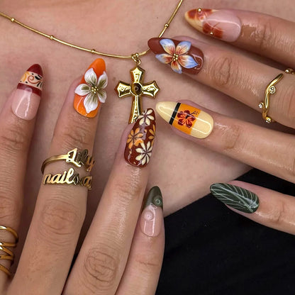 24PCS Almond Beach Theme Press on Nails Lobster Puffer Fish Starfish Design False Nails European American Sweet Spicy Nails Art