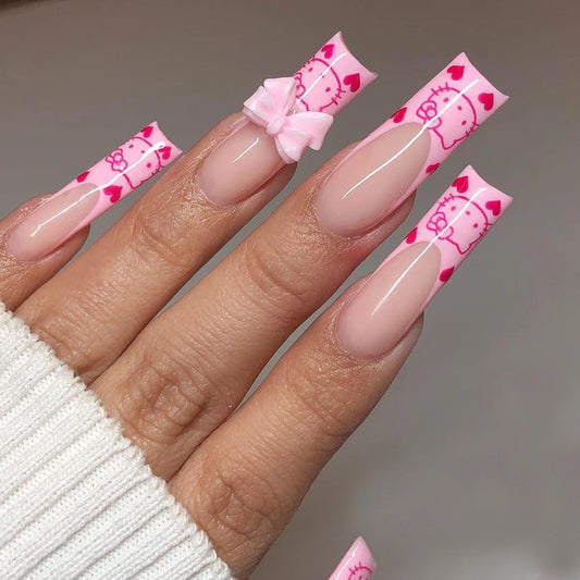 24 Long Square Sanrio Hello Kitty Pattern Pink Butterfly Drill Nail suit