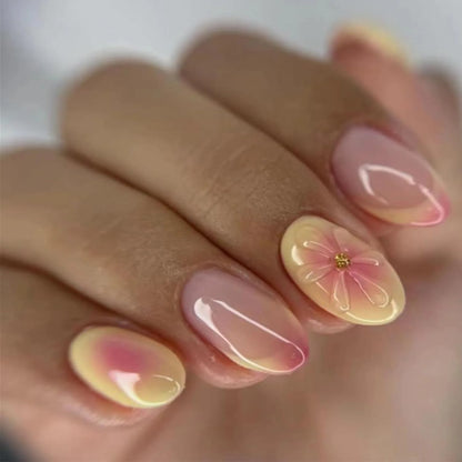 24pcs French Press on Nails Tips Wearable Sweet Flower Gilded Design Full Cover Nail Art Short Almond Fake Nails Sets False Nail