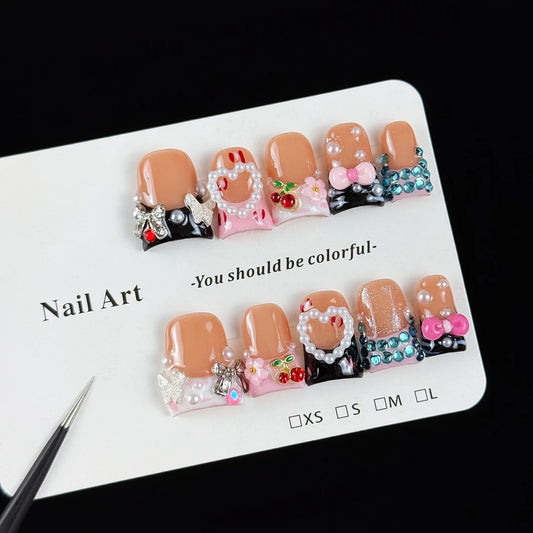 10pcs high-end Cute cartoon style, hand-drawn three-dimensional bow, hearts, shiny glittering diamonds handmade fake nails