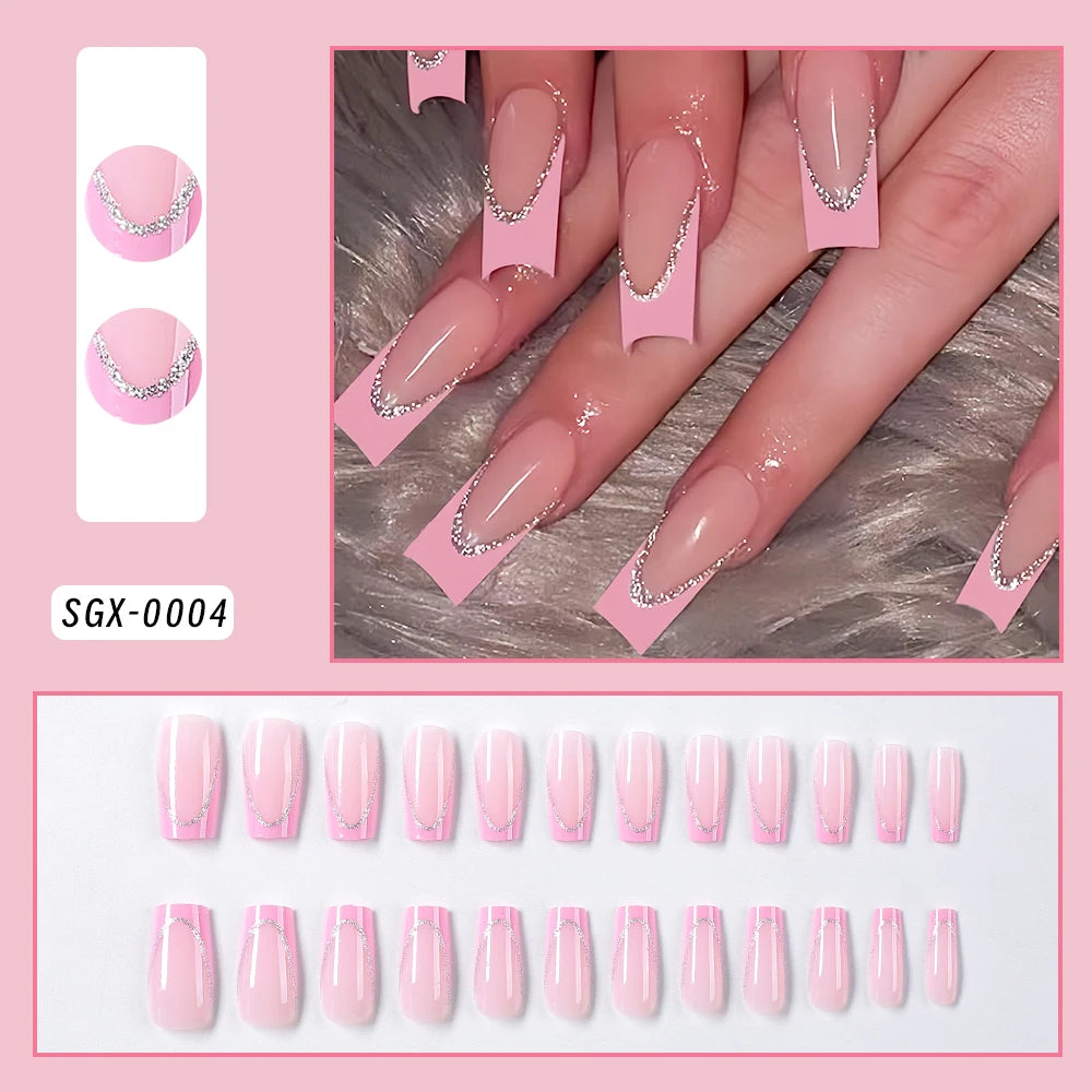24pcs Flower French Fake Nails Pink Mid-length Square Finished False Nail 3D Jelly Hibiscus Design Gradient Press on Nails Tips#