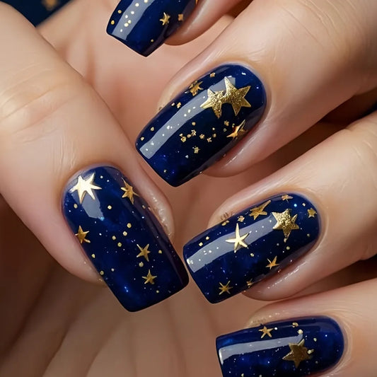 24pcs Wearable Press on Nails Gradient Blue Short Ballet Full Cover Nail Tips with Star Design False Nail Sets Square Fake Nail