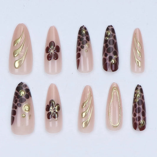 10PCS Almond Medium Fake Nail Brown Flower Fake Nail Relieve Gold Thread Pressing Handmade Nail Bare Pink Acrylic Nail