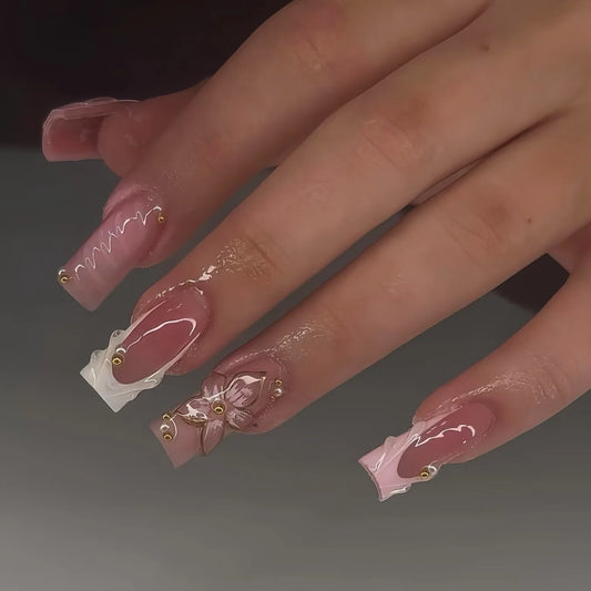 24Pcs Long Square French Full Cover Nails Tips Pink Smudge 3D Flower French Fake Nails Detachable Finished Press on False Nails
