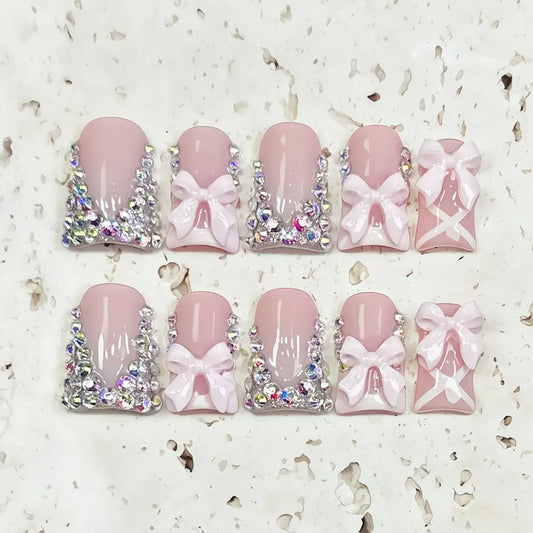 10pcs high-end Sweet girl style, hand-painted three-dimensional pink bow, dazzling cluster of diamonds handmade fake nails