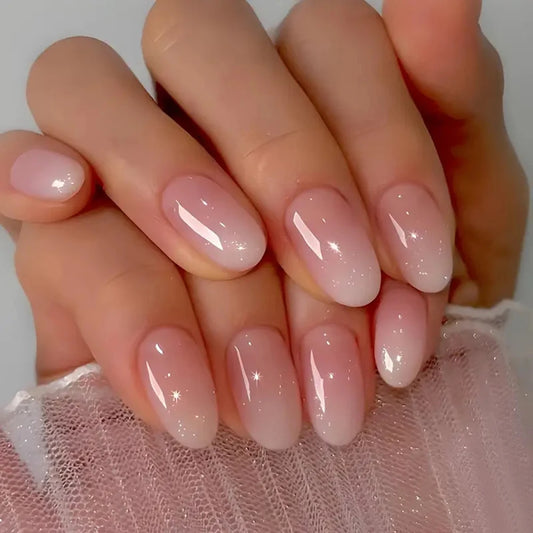 24PCS Press On Nails Short Almond Pink Candy Color White Gradation Nail Art Glitters Fake nails For Girl Mother Women Gift Cute