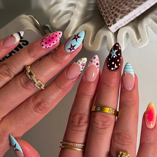 24pcs French Almond False Nails INS polka dot star printed Design Press on Nails Sweet Cool Fake Nail Patches Werable Detachable