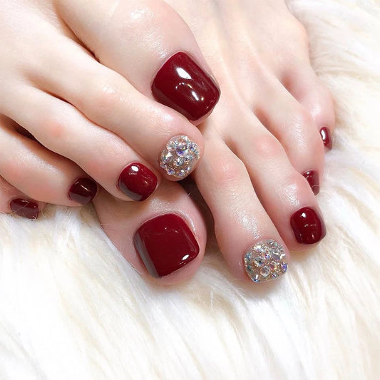 24pcs Glossy Red Fake Toenails Glitter Rhinestone Design False Toe Nails for Women Wearable Summer Nail DIY Press on Toenails