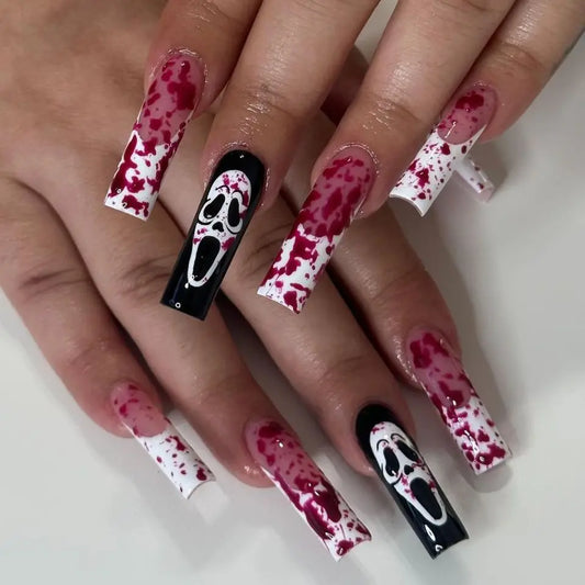 24pcs White Bones Long Pointed Fake Nail Patches Halloween Ghost Spider Webs Press on Nails for Girls Women Wearable Detachable
