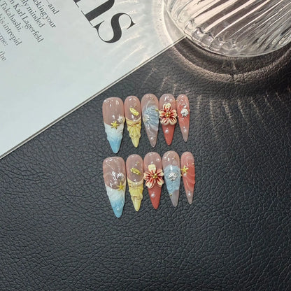 10Pcs/set Retro Stiletto Handmade Press on Nails Fake Nails with 3D Red Love Design Wearable Stick-on Nails False Nail Uñas 네일팁