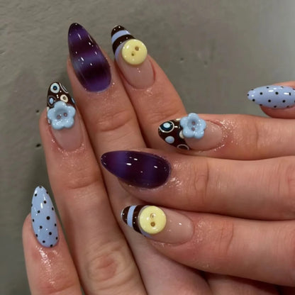 24PCS Almond Pink Blue Fake Nails Checkered Cherry Print Sweet Coquette Style Press on Nails Reusable False Nails for Daily Wear