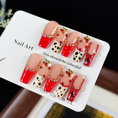 High-End Luxury Hand-Painted Leopard Press on Nails with 3D Stacked Rhinestones
